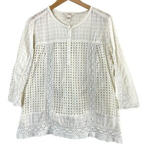 Sundance | Cream eyelet crochet half button front boho blouse size large